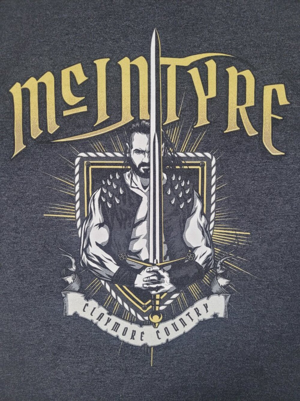 WWE Authentic DREW MCINTYRE Claymore Country Men Gray T-Shirt Wrestling SZ Large